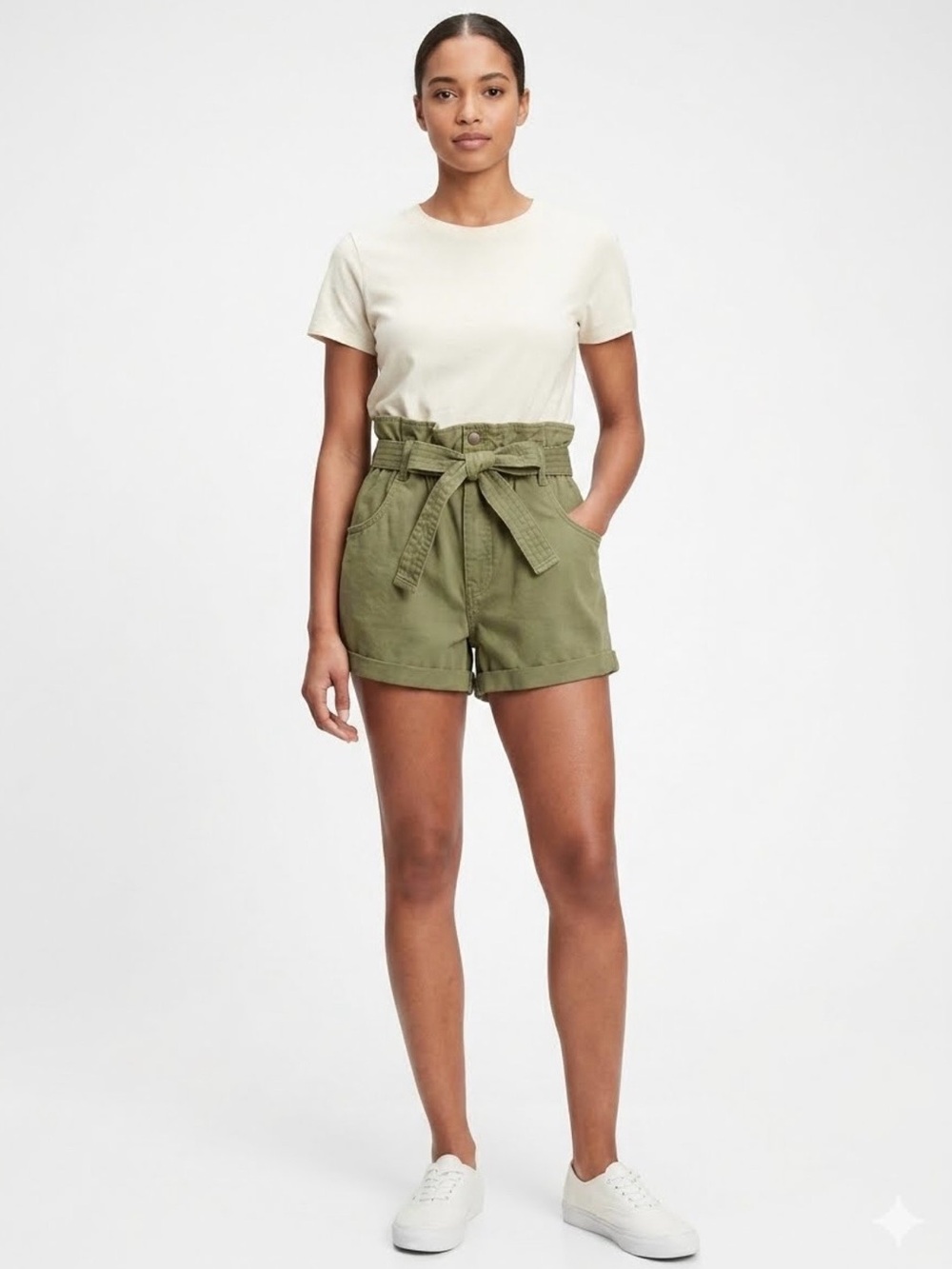 Abercrombie & Fitch Olive High-Waist Paperbag Shorts with Belt - Picture 1 of 8